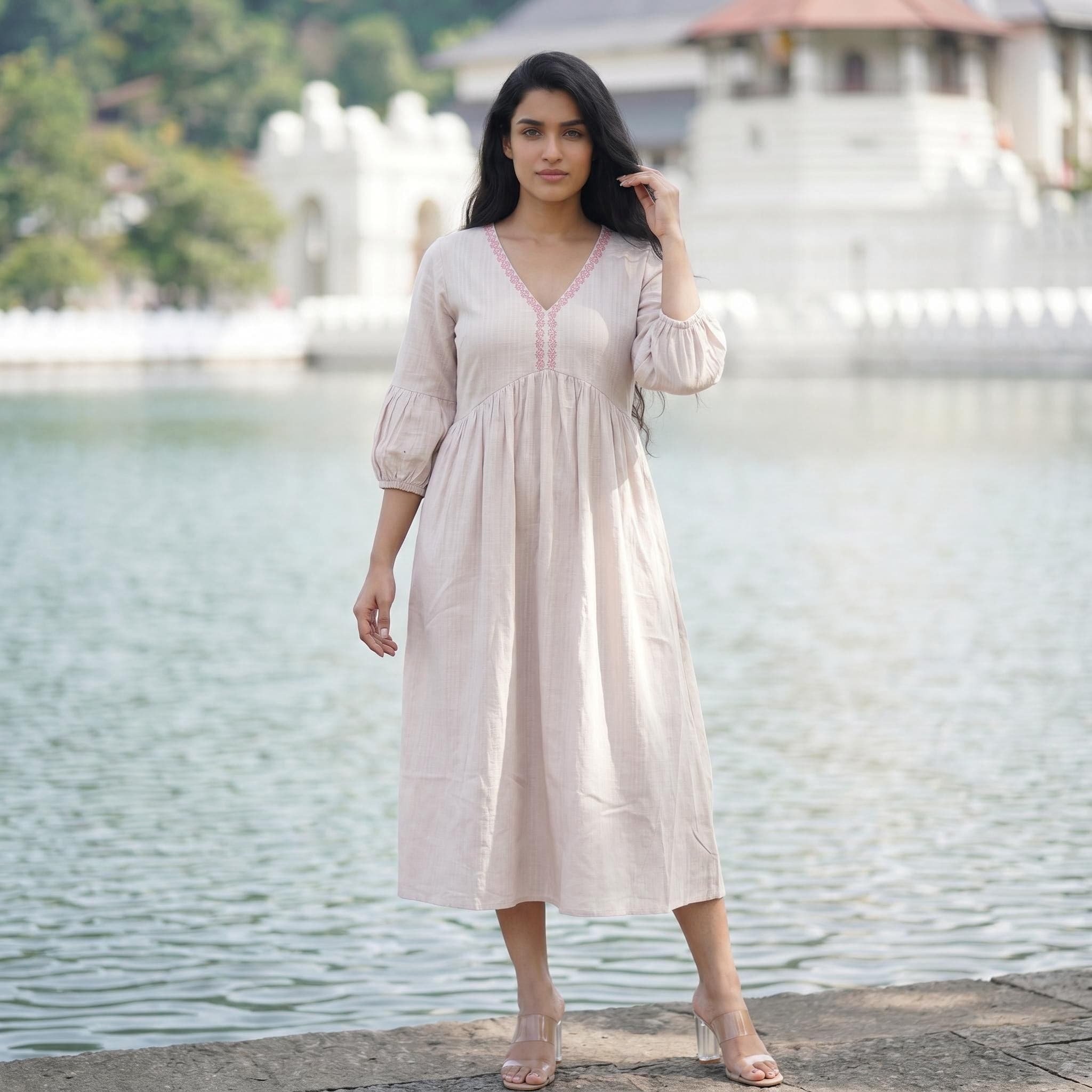 Blush Pink Embroidered V-Neck Midi Dress | Puff Sleeve Boho Style