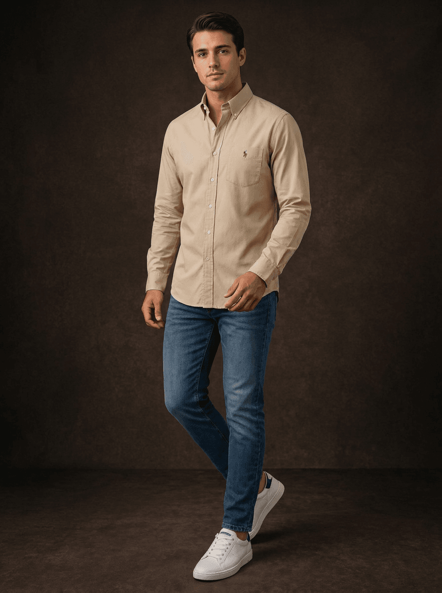 Men's Slim Fit Khaki Long Sleeve Shirt with Embroidered Bear