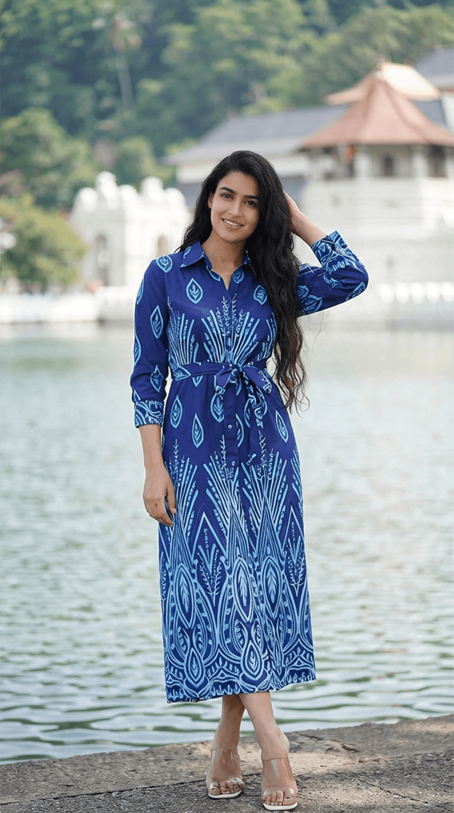 Azure Blue Printed Cotton Midi Shirt Dress with Belt