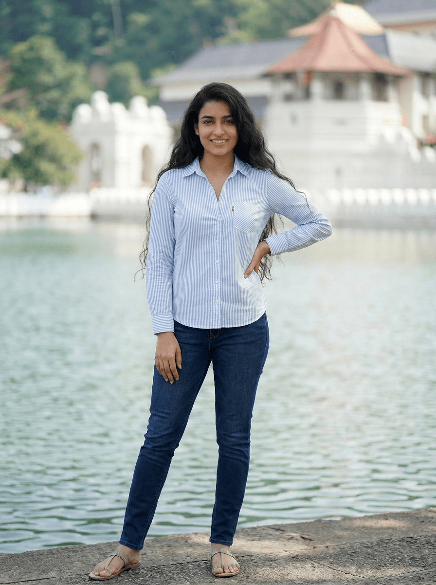 Women's Classic Blue & White Striped Long Sleeve Button-Up Shirt