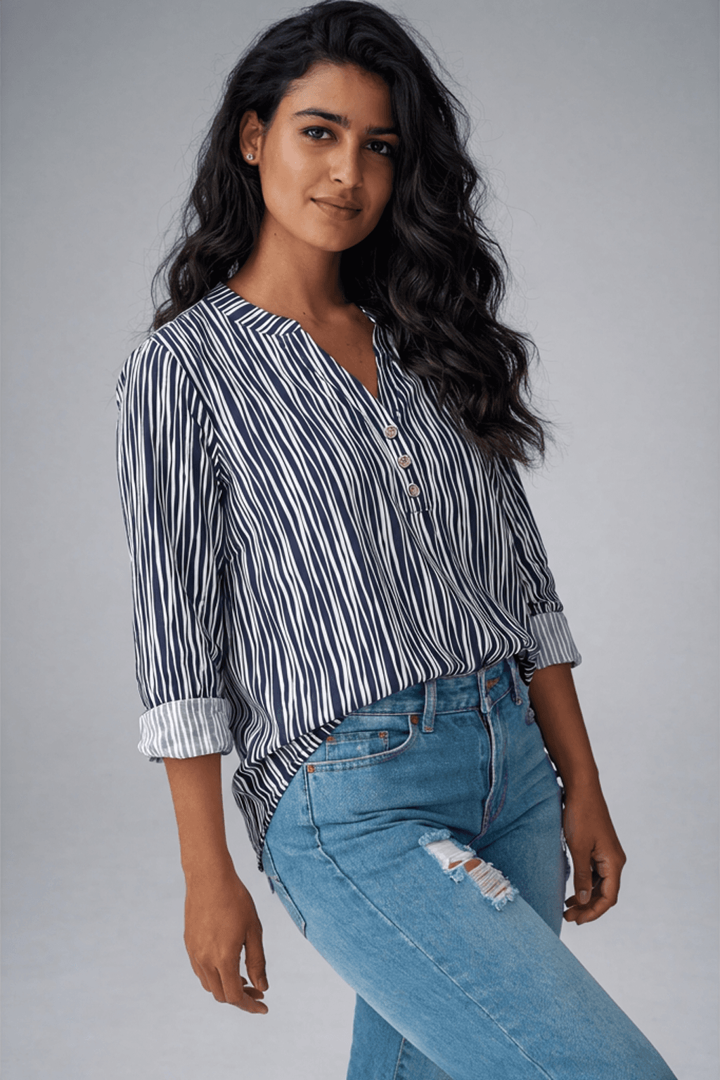 Navy & White Striped Henley Tunic Blouse for Women | Long Sleeve