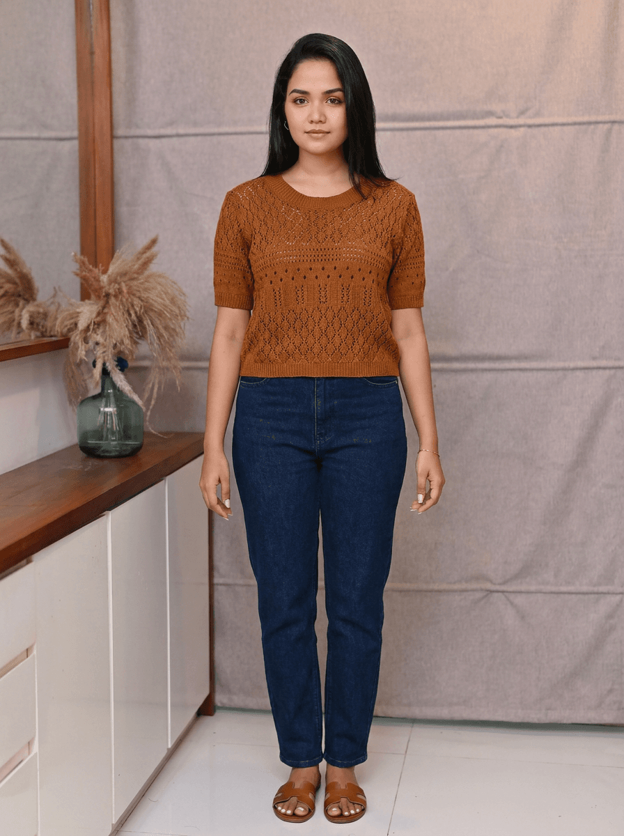 Rust Pointelle Knit Short Sleeve Top | Bohemian Sweater