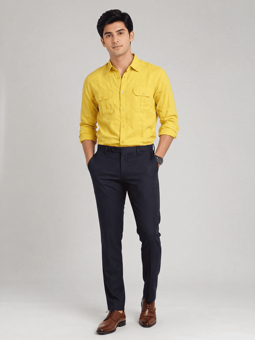 Allen Solly Men's Yellow 100% Linen Casual Shirt with Pockets