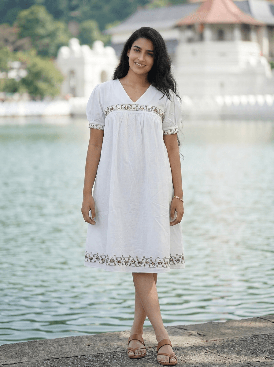 White Embroidered Linen Dress with Puff Sleeves | Summer Style