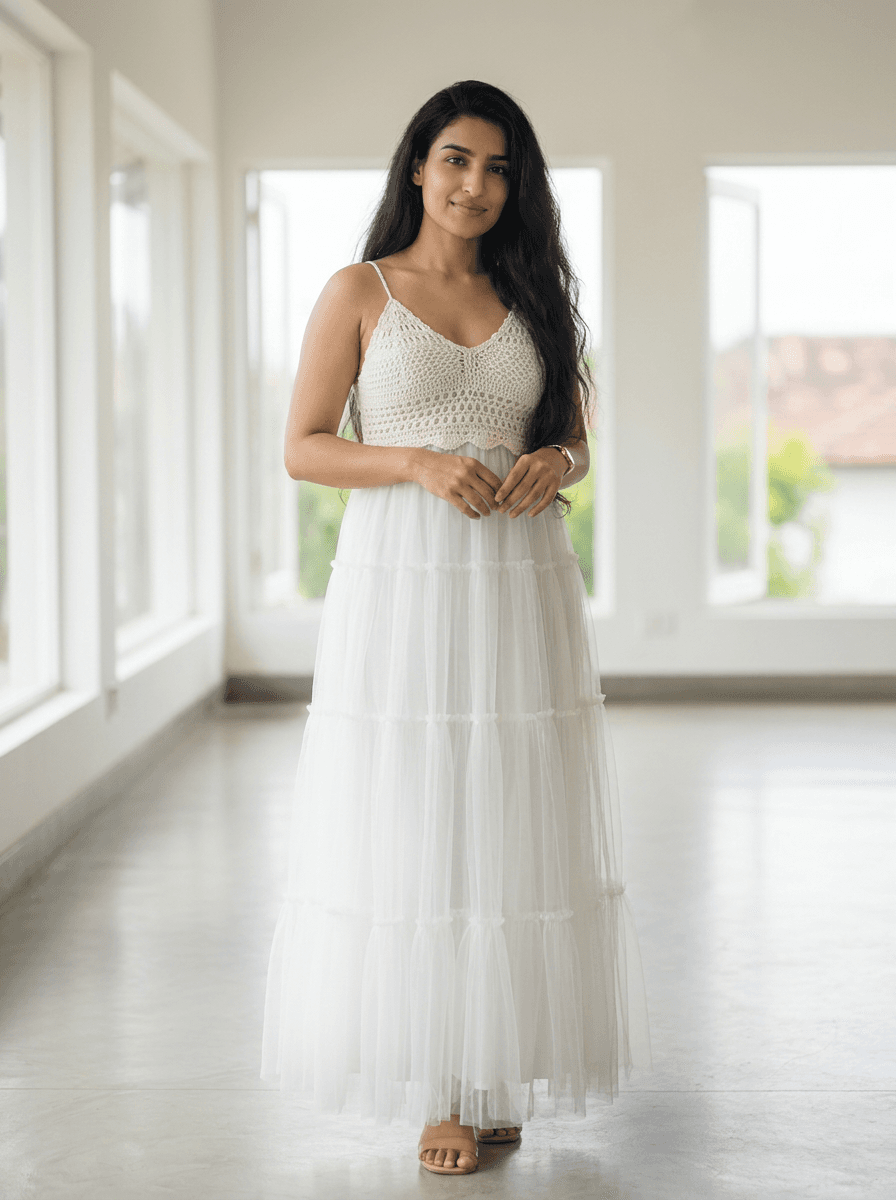 Crochet Bodice Tulle Dress - Ruffled Tiered Skirt - Sizes 28-36