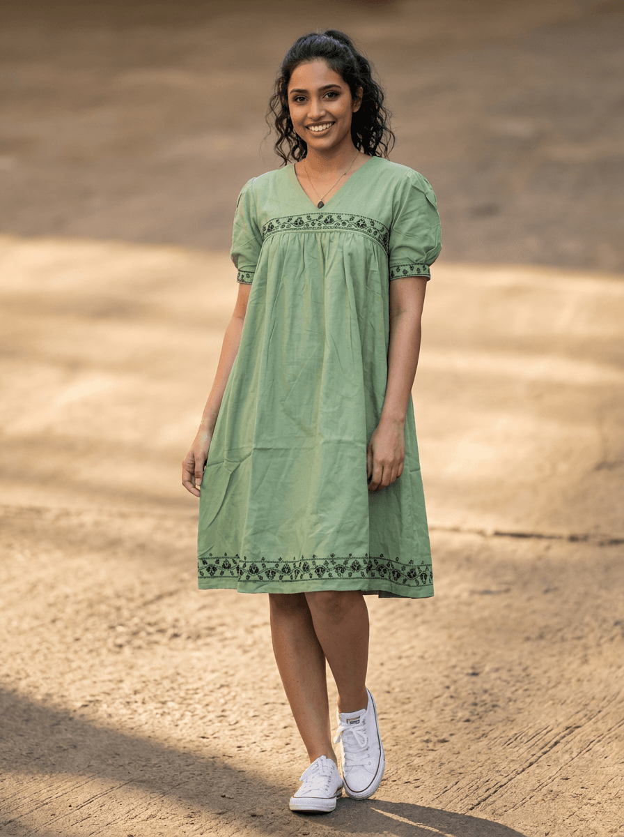 Thea Sage Green Embroidered Linen Dress | Casual Smock Fit
