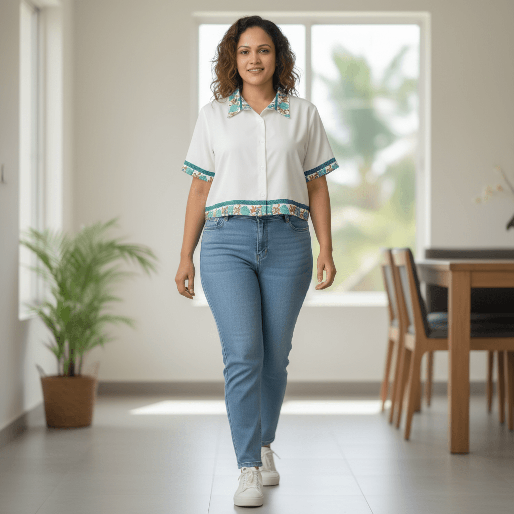 Vintage Floral Trim Cropped Blouse | Short Sleeve White Shirt