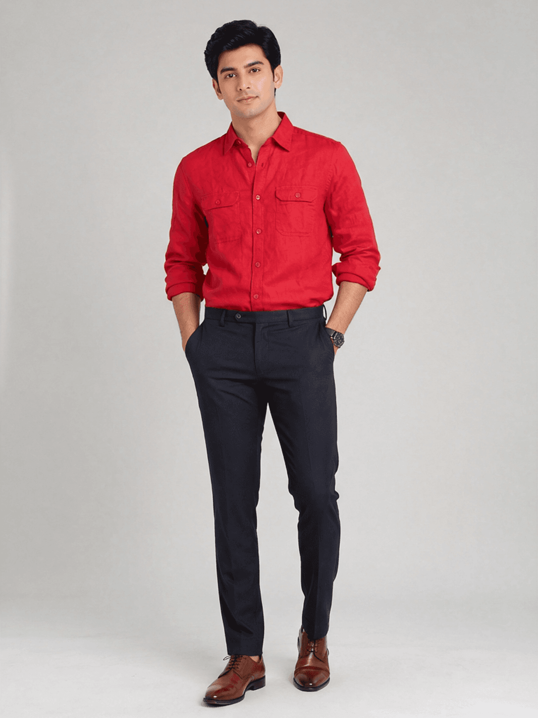Allen Solly Men's Red 100% Linen Long Sleeve Casual Shirt