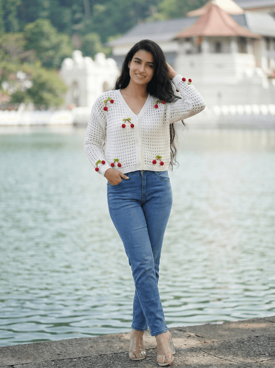 White Cardigan Cropped Open-Knit V-Neck with Cherry