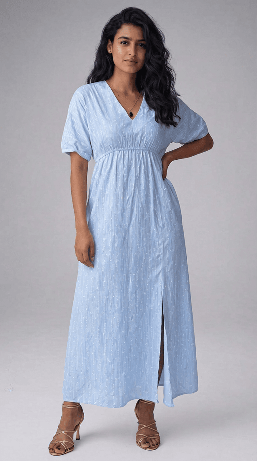Striped Cotton Empire Waist Maxi Dress with Side Slit | Blue
