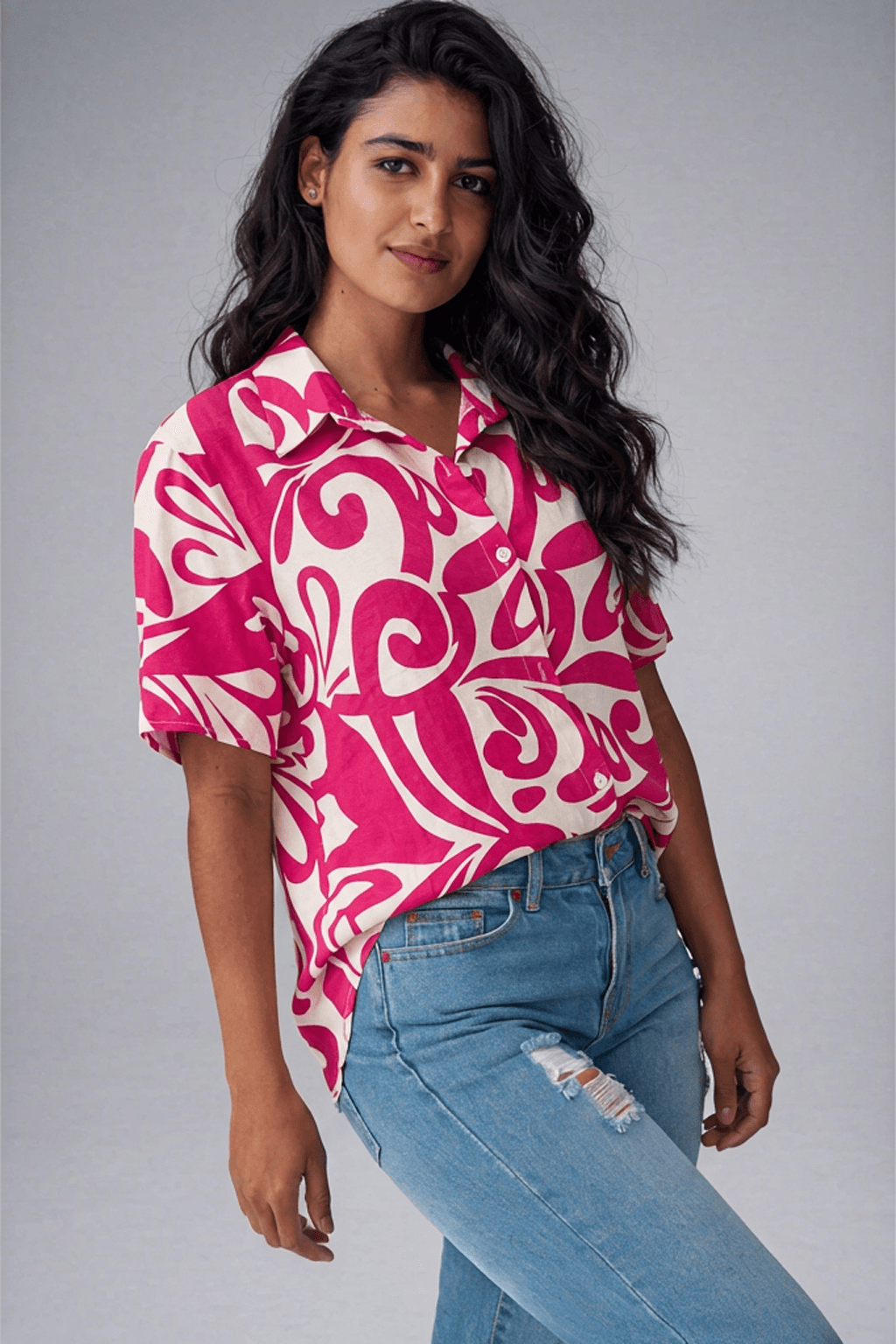 Magenta Abstract Print Short Sleeve Button Down Shirt | Retro Camp Top
