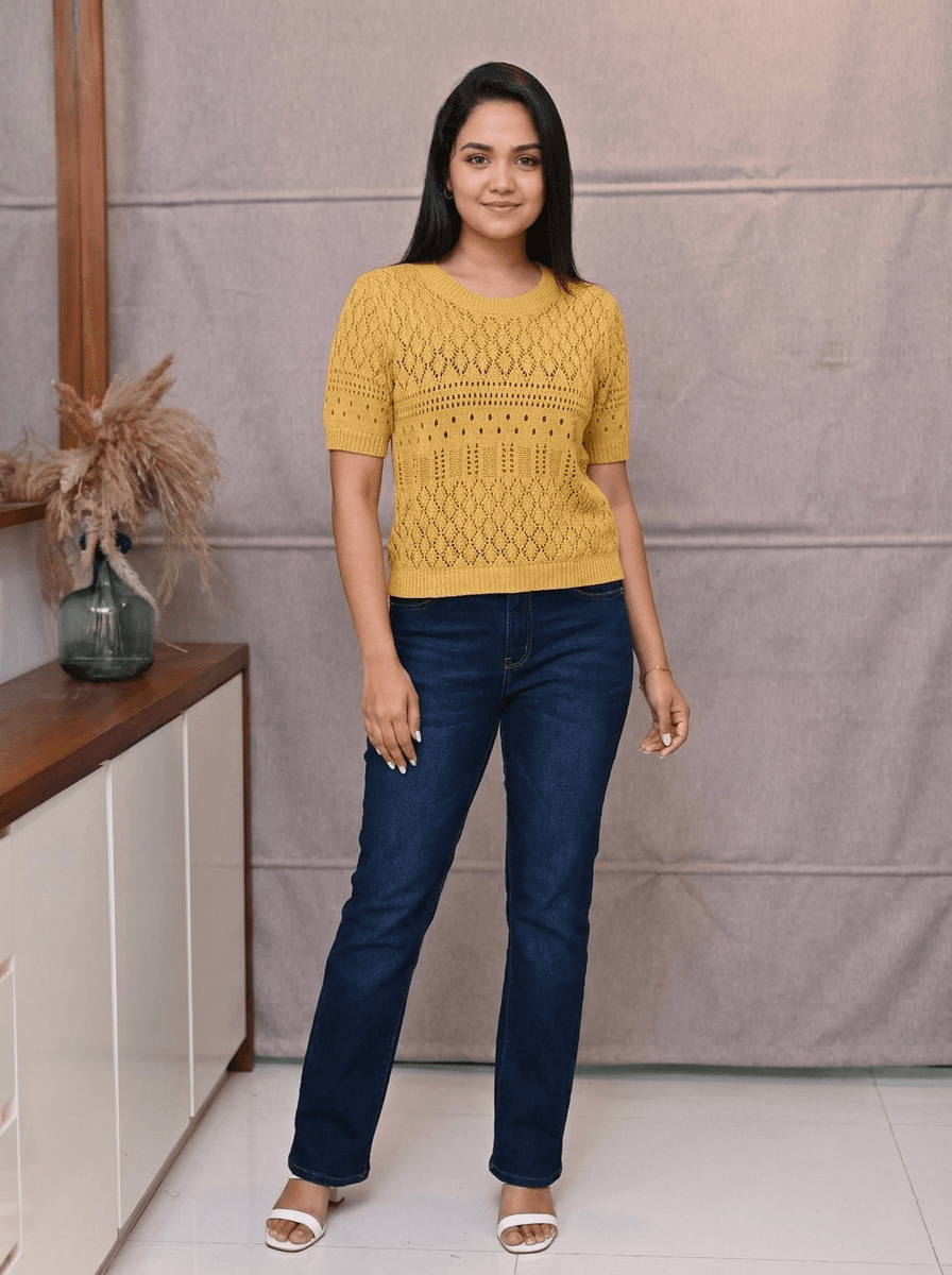Pointelle Knit Short-Sleeve Sweater Top in Mustard Yellow