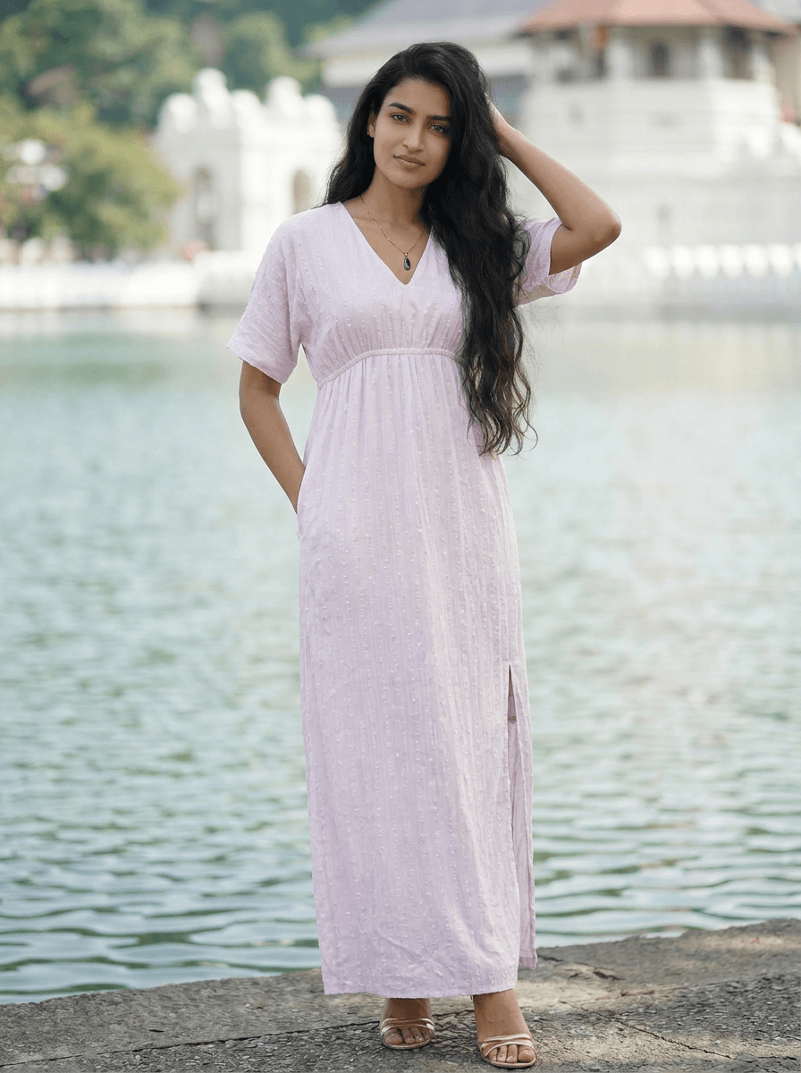 Serene Pink Textured Cotton V-Neck Maxi Dress with Slit