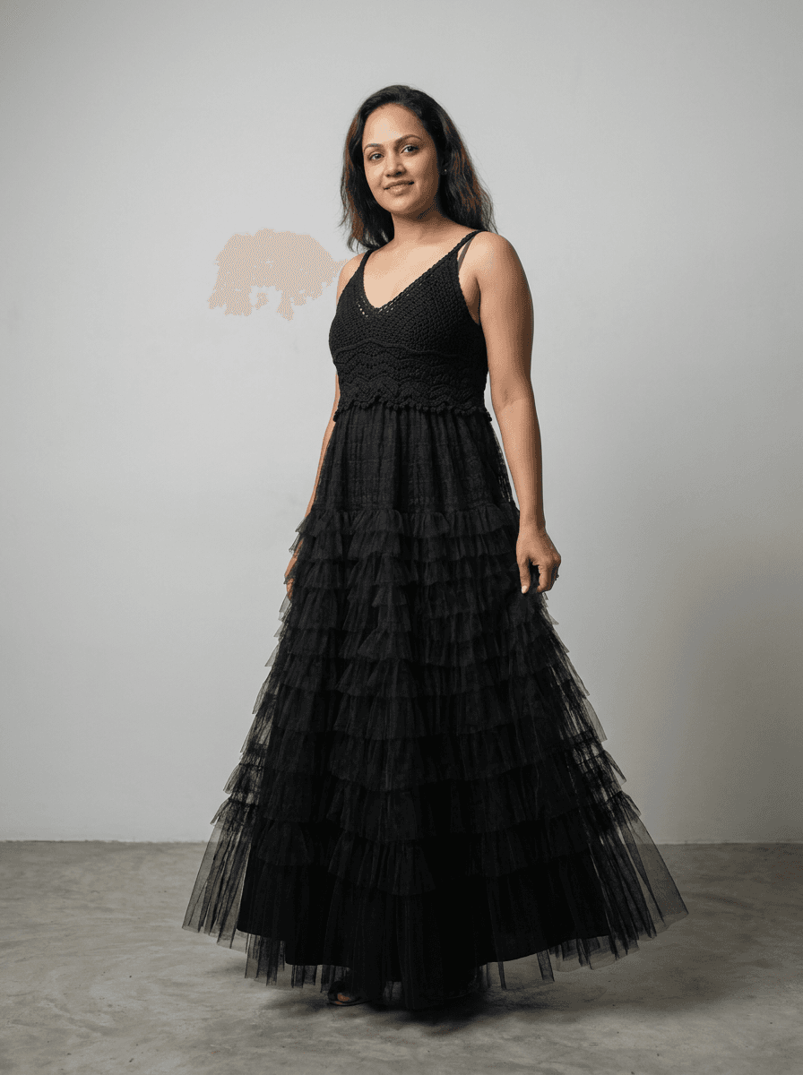 Crochet Bodice Tulle Tiered Maxi Dress - Bohemian Style Free Size