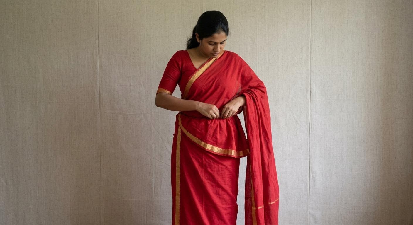 Here is a step-by-step photographic guide demonstrating how to fold the neriya (the decorative pleated fan) of a traditional Kandyan osariya