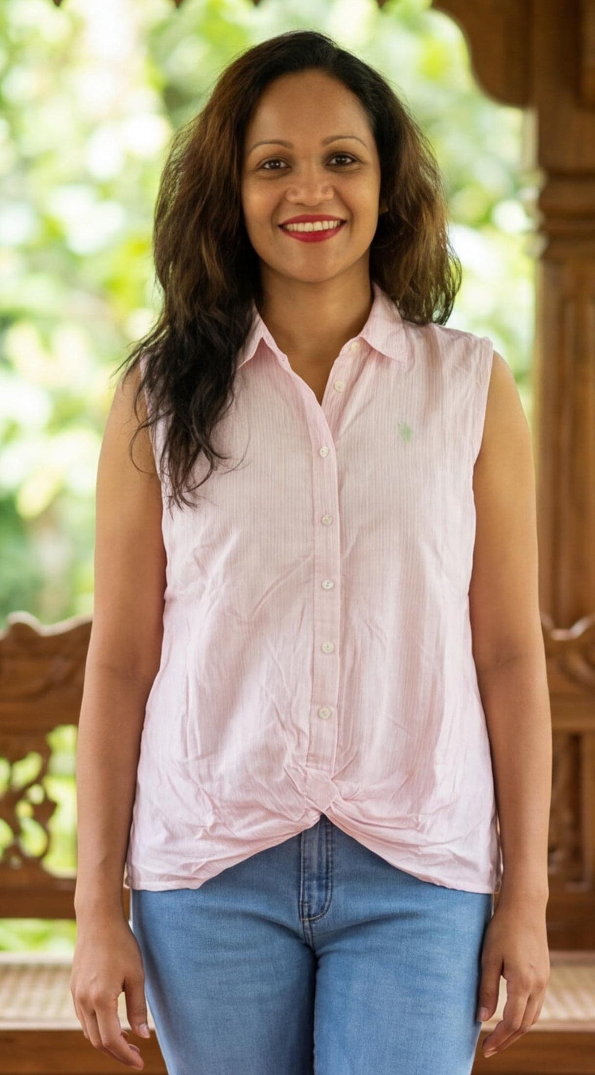 U.S. Polo Assn. Pink Stripe Tie-Front Sleeveless Shirt | Summer Top — image 2