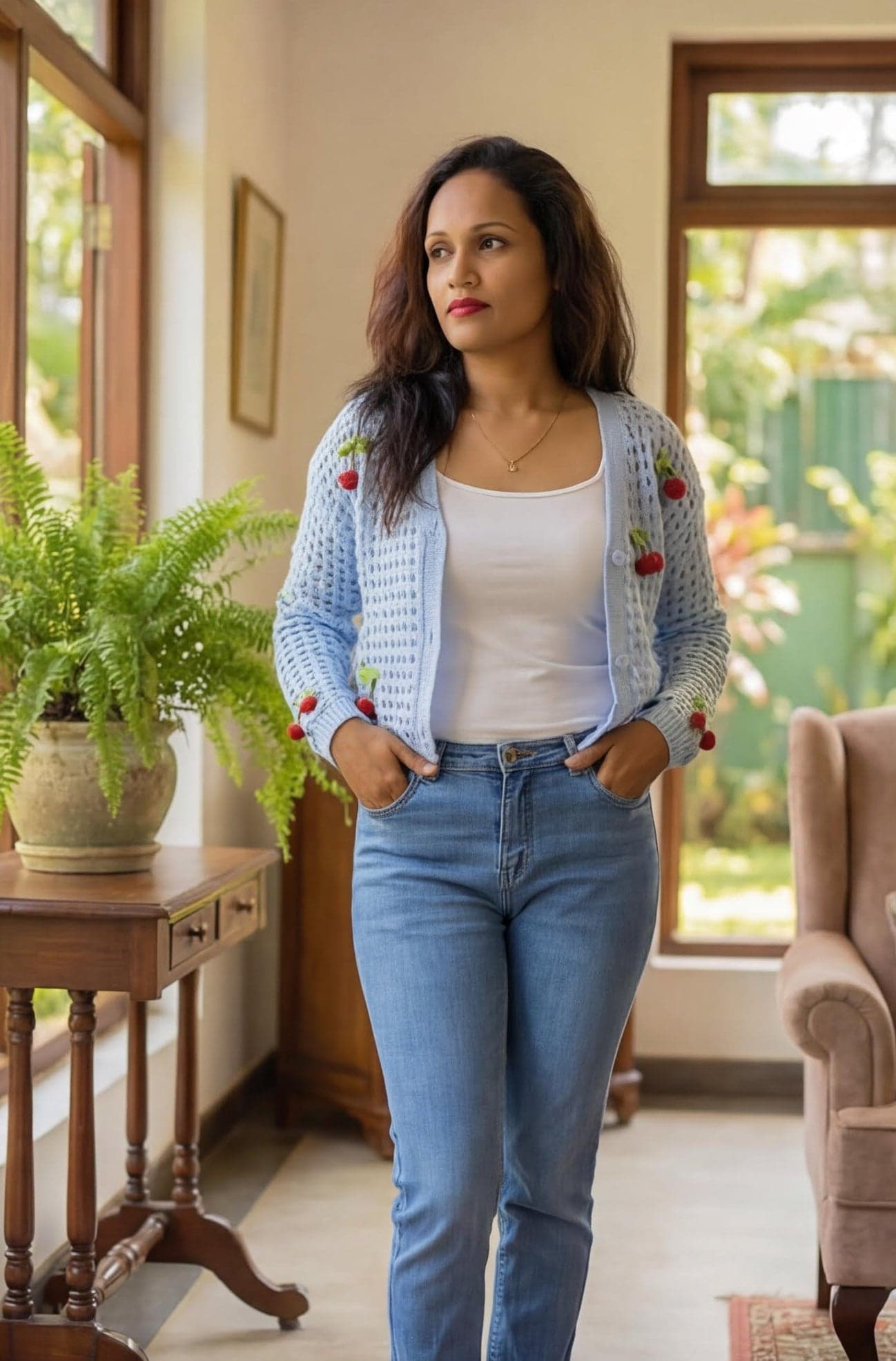 Light Blue Cardigans Cropped Open-Knit V-Neck with Cherry — image 1