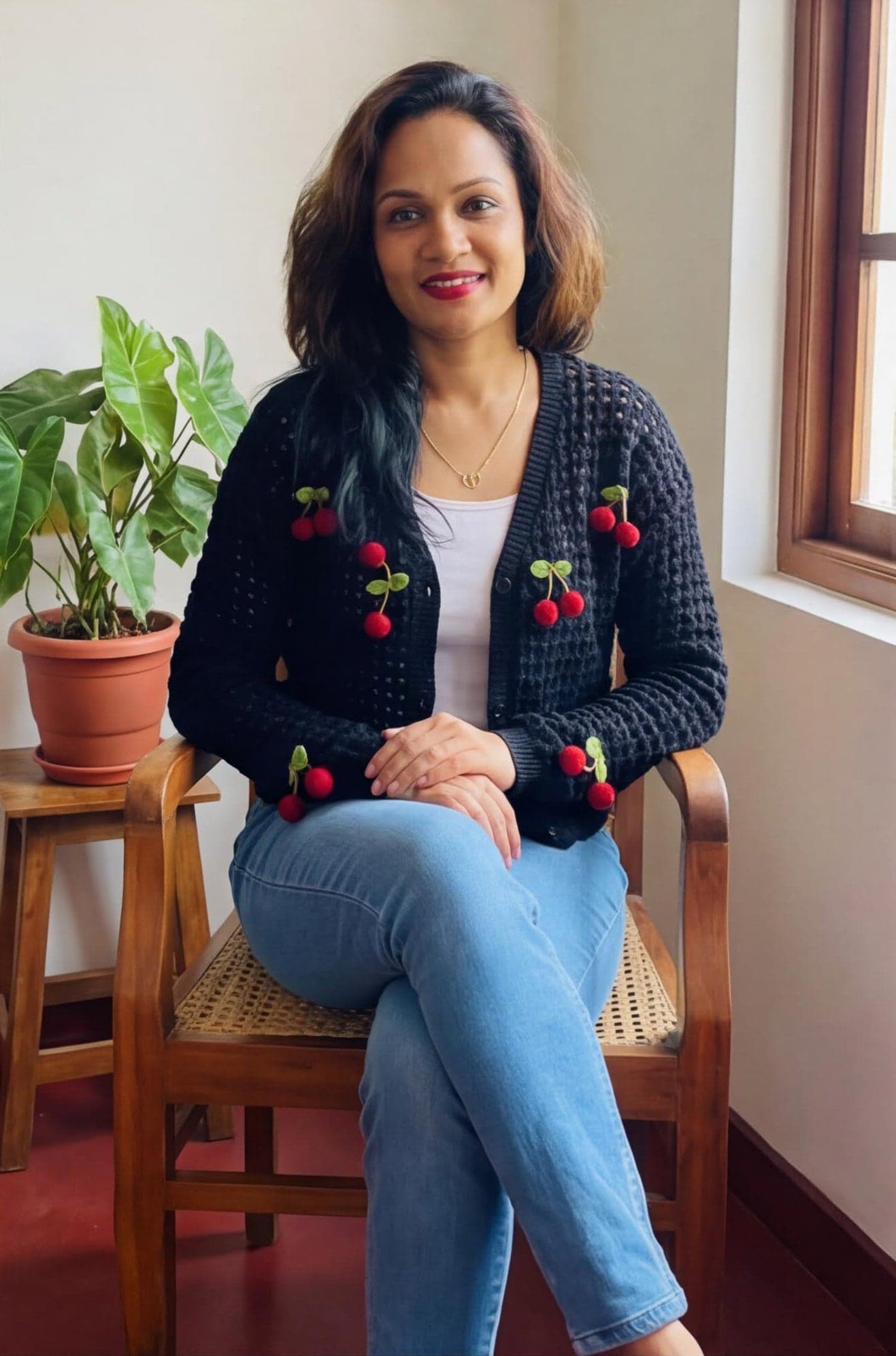 Black Cardigans Cropped Open-Knit V-Neck with Cherry — image 2
