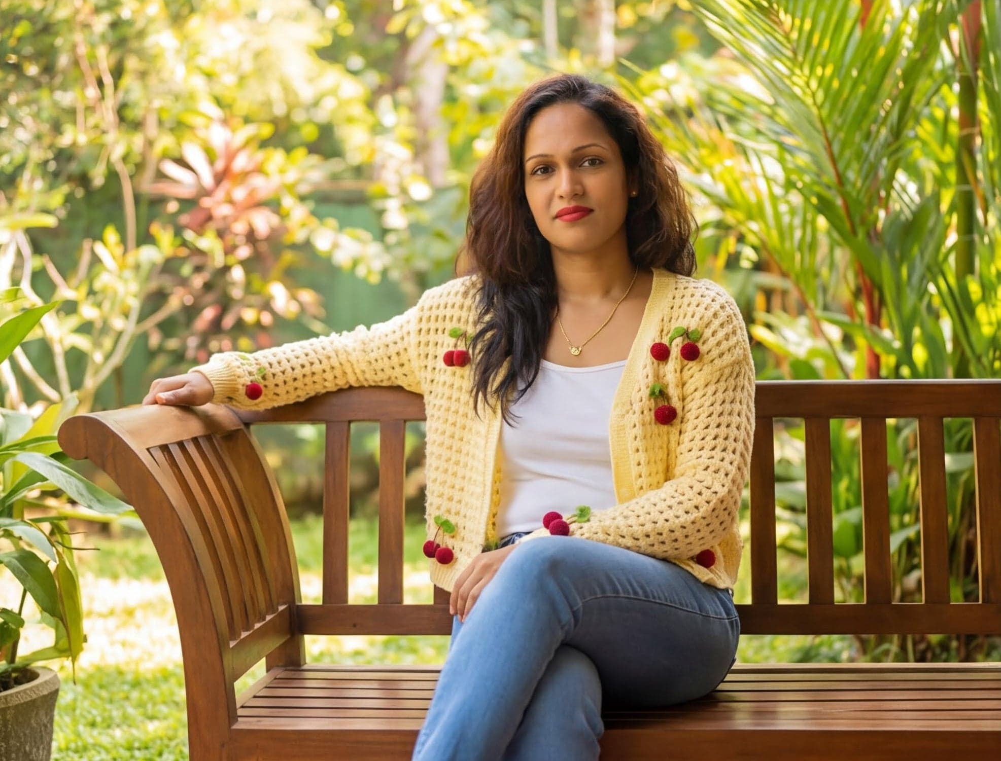 Yellow Cropped Open-Knit V-Neck with Cherry — image 4