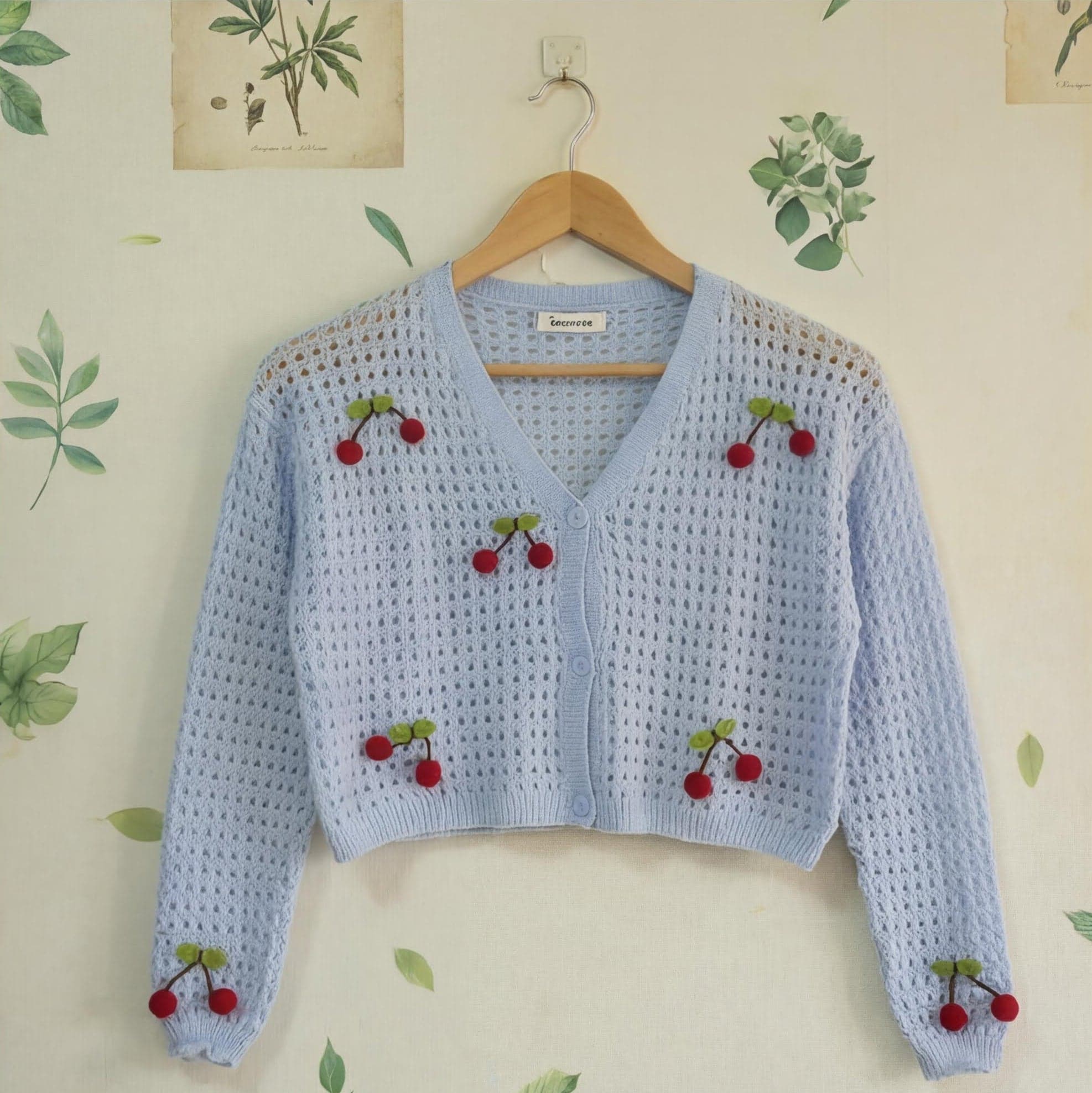 Light Blue Cardigans Cropped Open-Knit V-Neck with Cherry — image 5