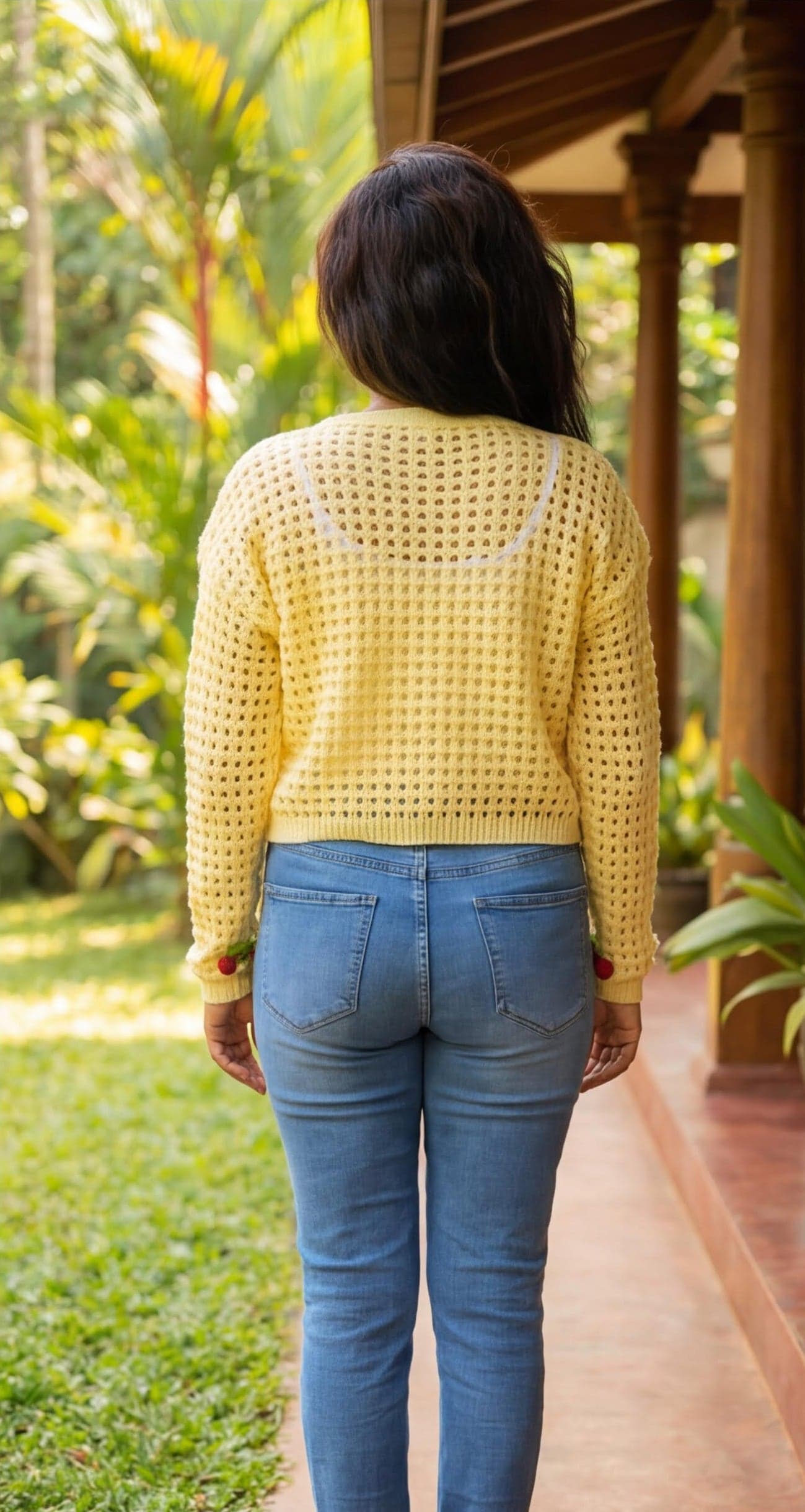 Yellow Cropped Open-Knit V-Neck with Cherry — image 3