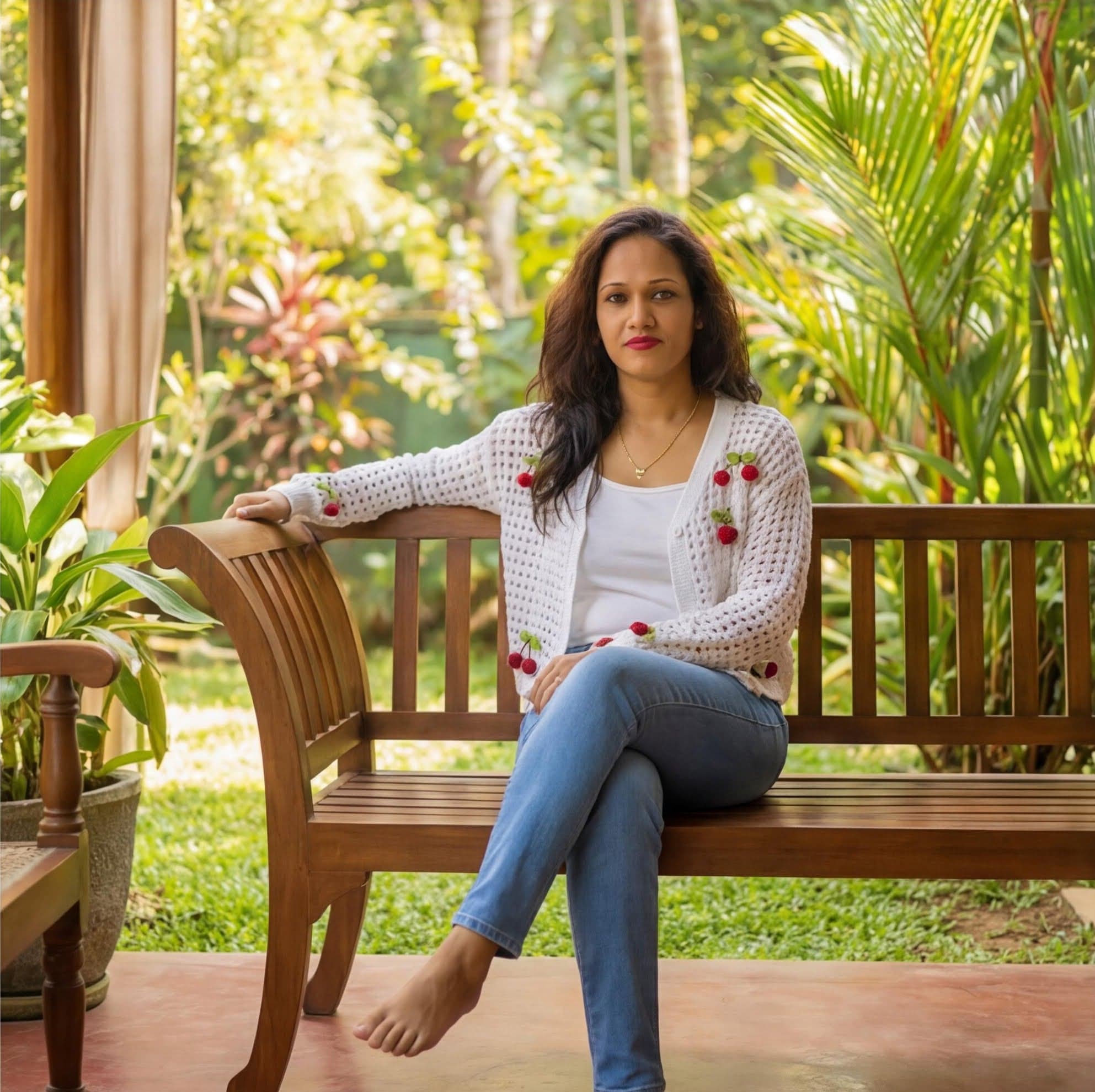 White Cardigan Cropped Open-Knit V-Neck with Cherry — image 2