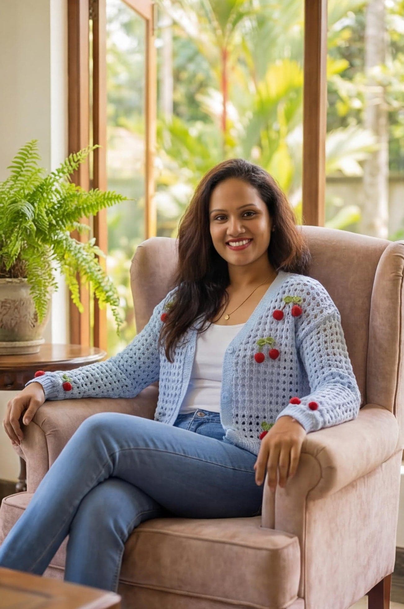 Light Blue Cardigans Cropped Open-Knit V-Neck with Cherry — image 2