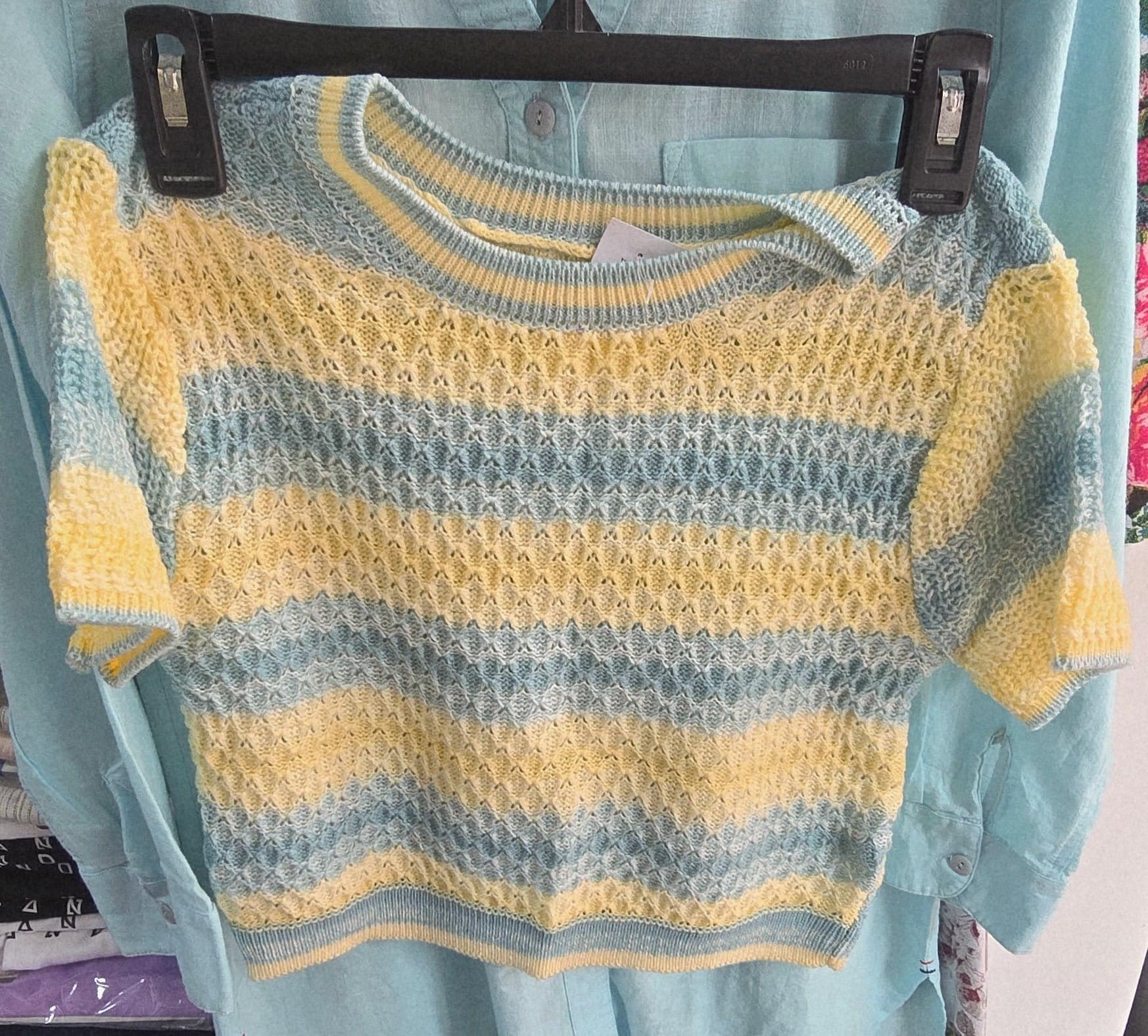 Pastel Striped Pointelle Knit Top | Short-Sleeve Cropped Sweater — image 4