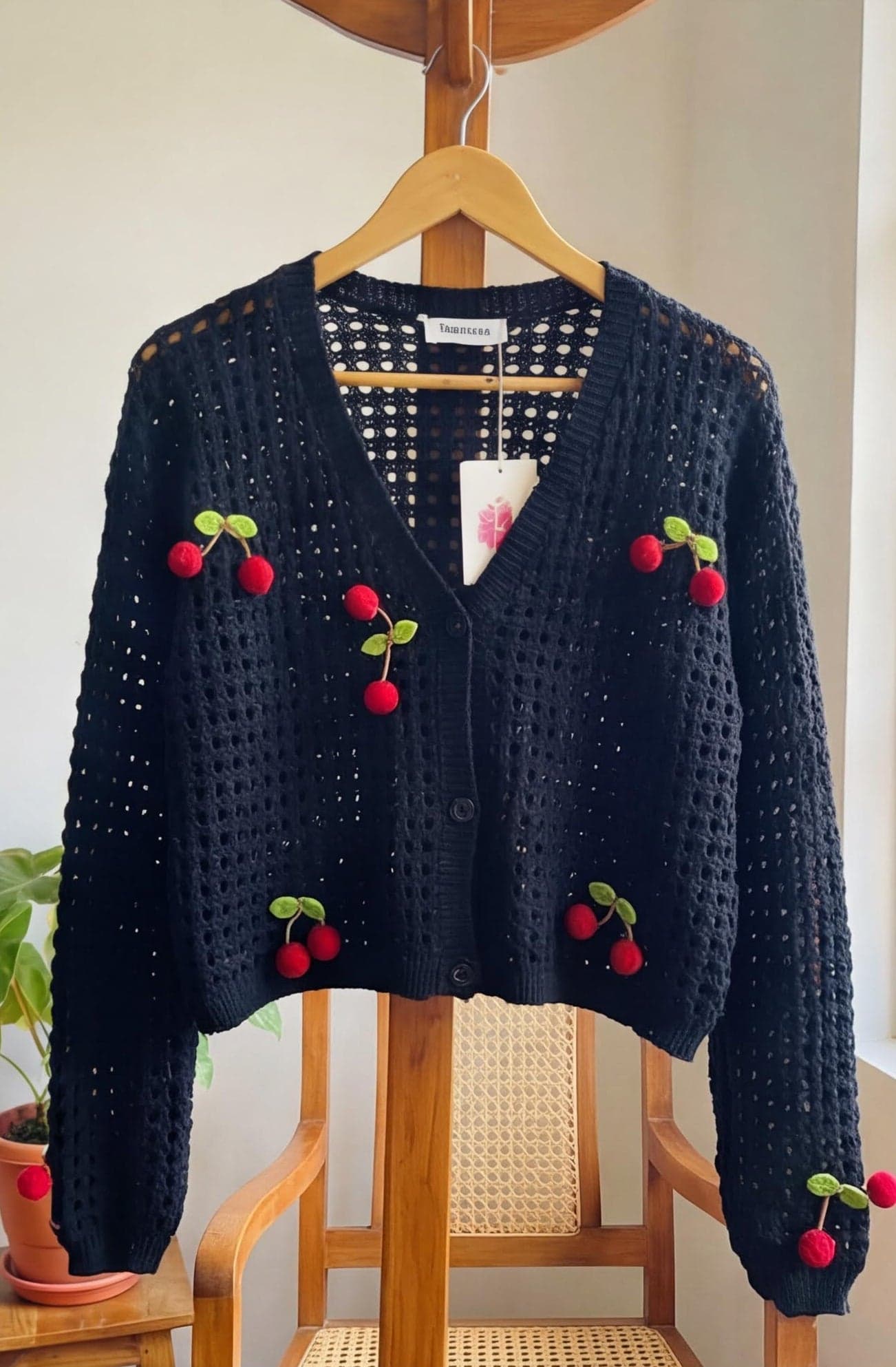 Black Cardigans Cropped Open-Knit V-Neck with Cherry — image 6