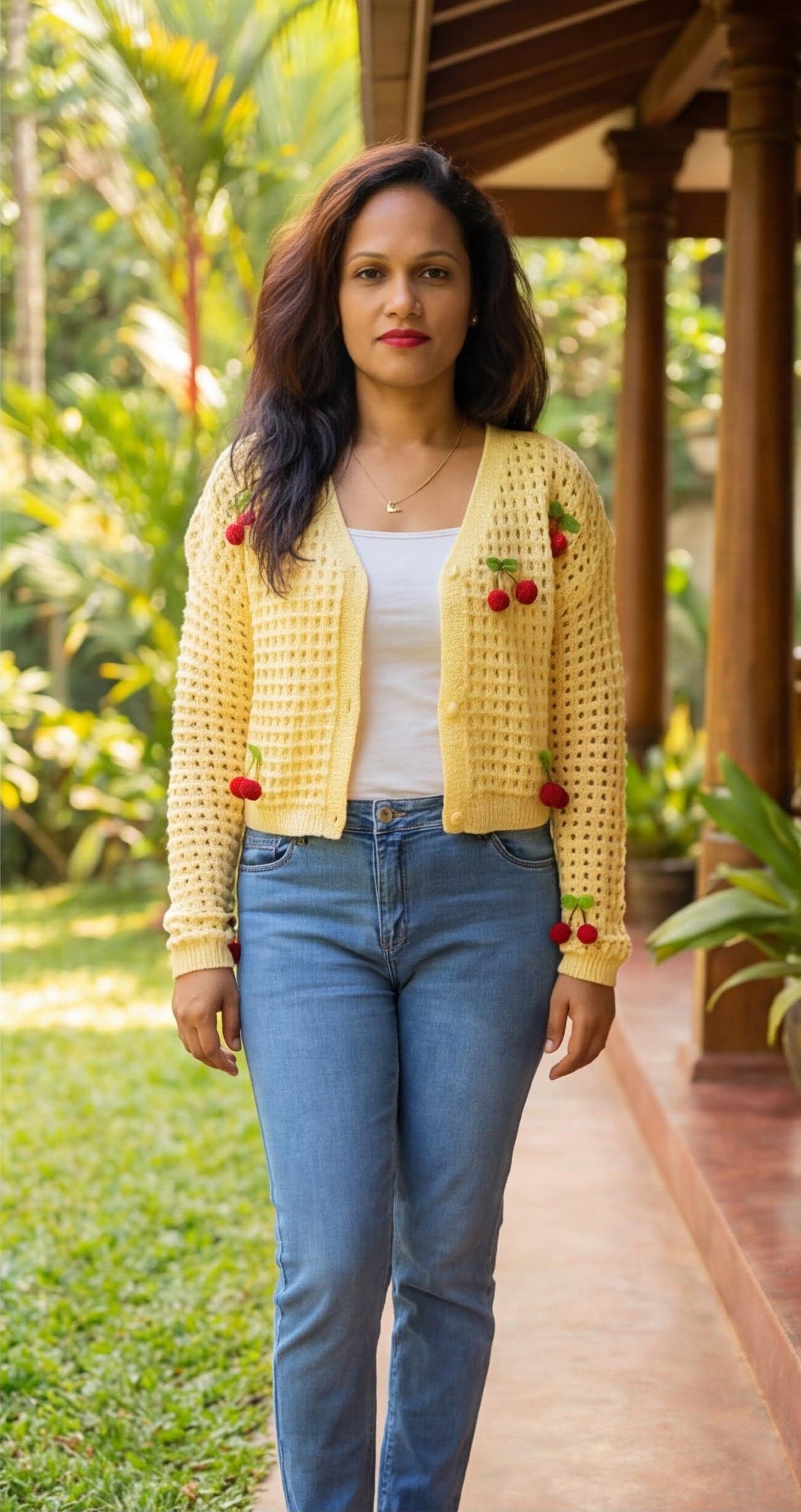 Yellow Cropped Open-Knit V-Neck with Cherry