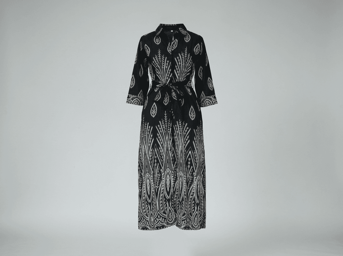 Monochrome Print Cotton Midi Shirt Dress with Tie-Waist — image 2