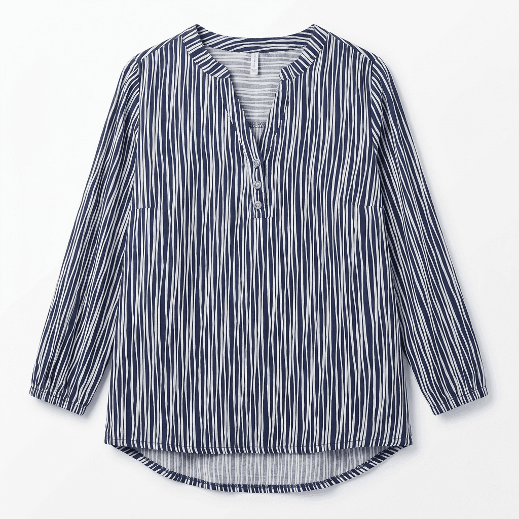 Navy & White Striped Henley Tunic Blouse for Women | Long Sleeve — image 3