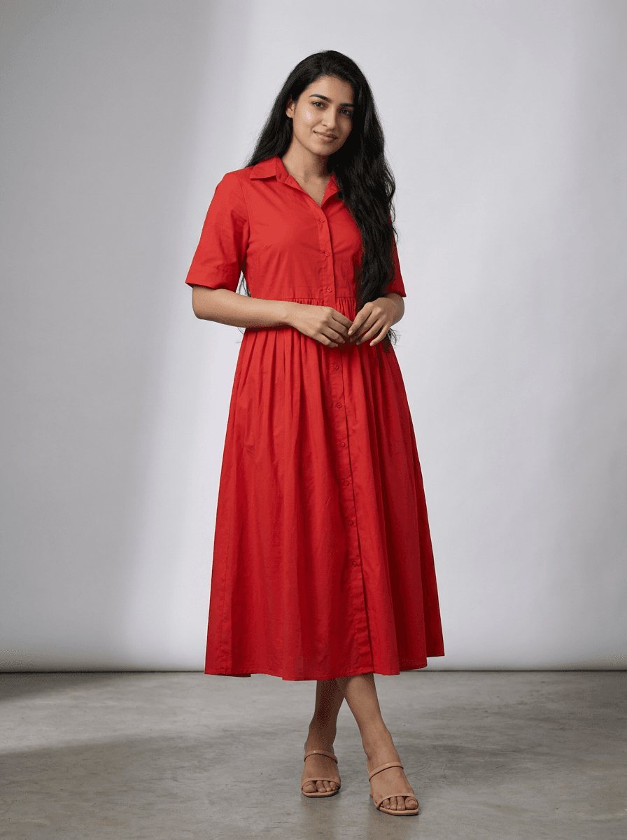 Red Cotton Midi Shirt Dress with Collar | Casual & Chic Style