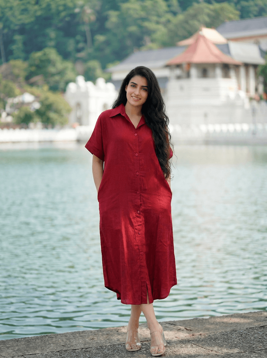 Relaxed Red Button-Down Shirt Dress with Pockets | Casual Chic — image 1
