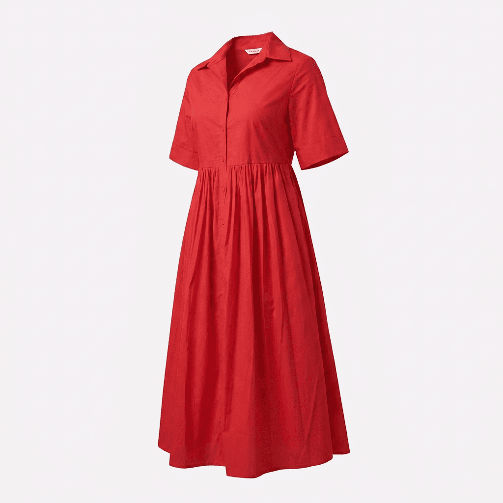 Red Cotton Midi Shirt Dress with Collar | Casual & Chic Style — image 2