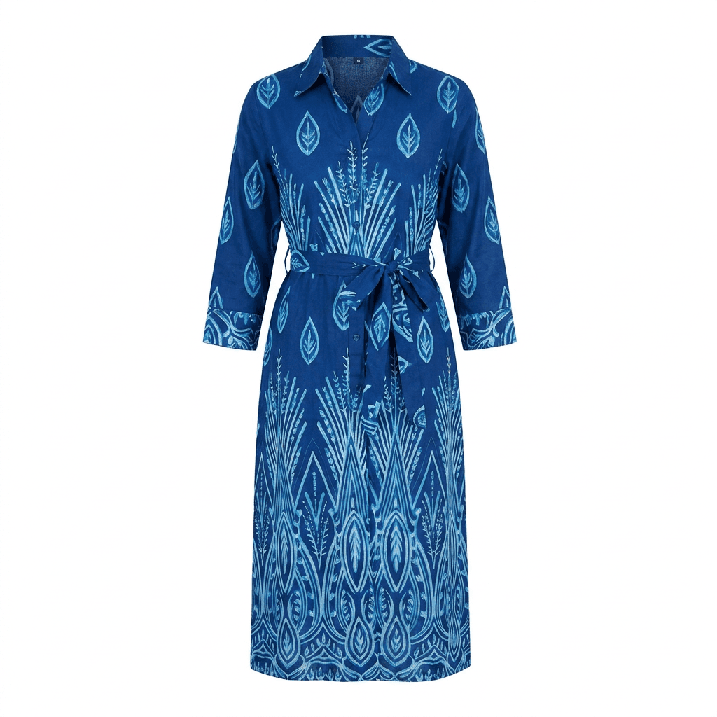 Azure Blue Printed Cotton Midi Shirt Dress with Belt — image 2