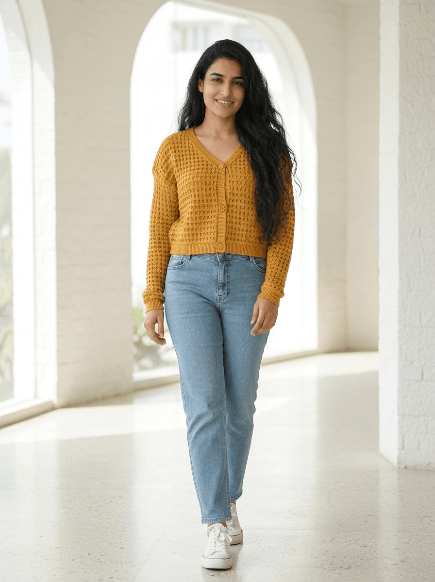 Women's Mustard Yellow Open Knit Cropped Sweater | Boho Top — image 1