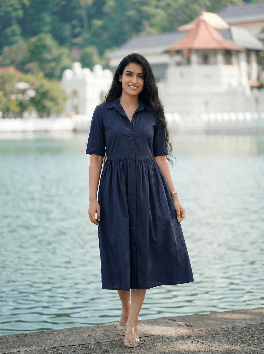 Classic Navy Button-Down Midi Shirt Dress | 100% Cotton