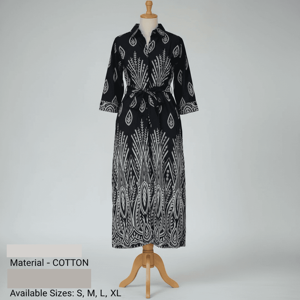 Monochrome Print Cotton Midi Shirt Dress with Tie-Waist — image 3