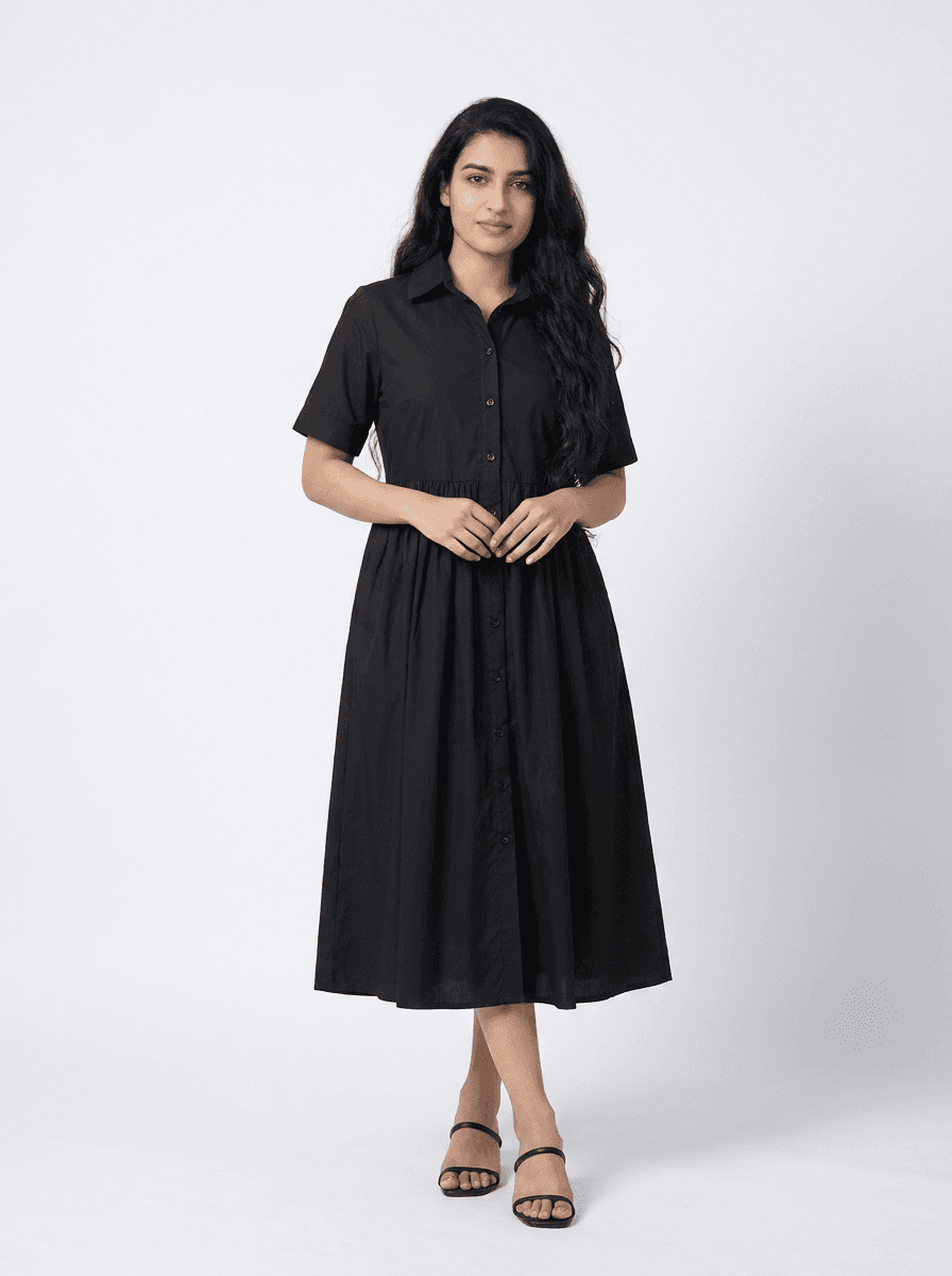 Classic Black Cotton Midi Shirt Dress with Pockets | Dress Me