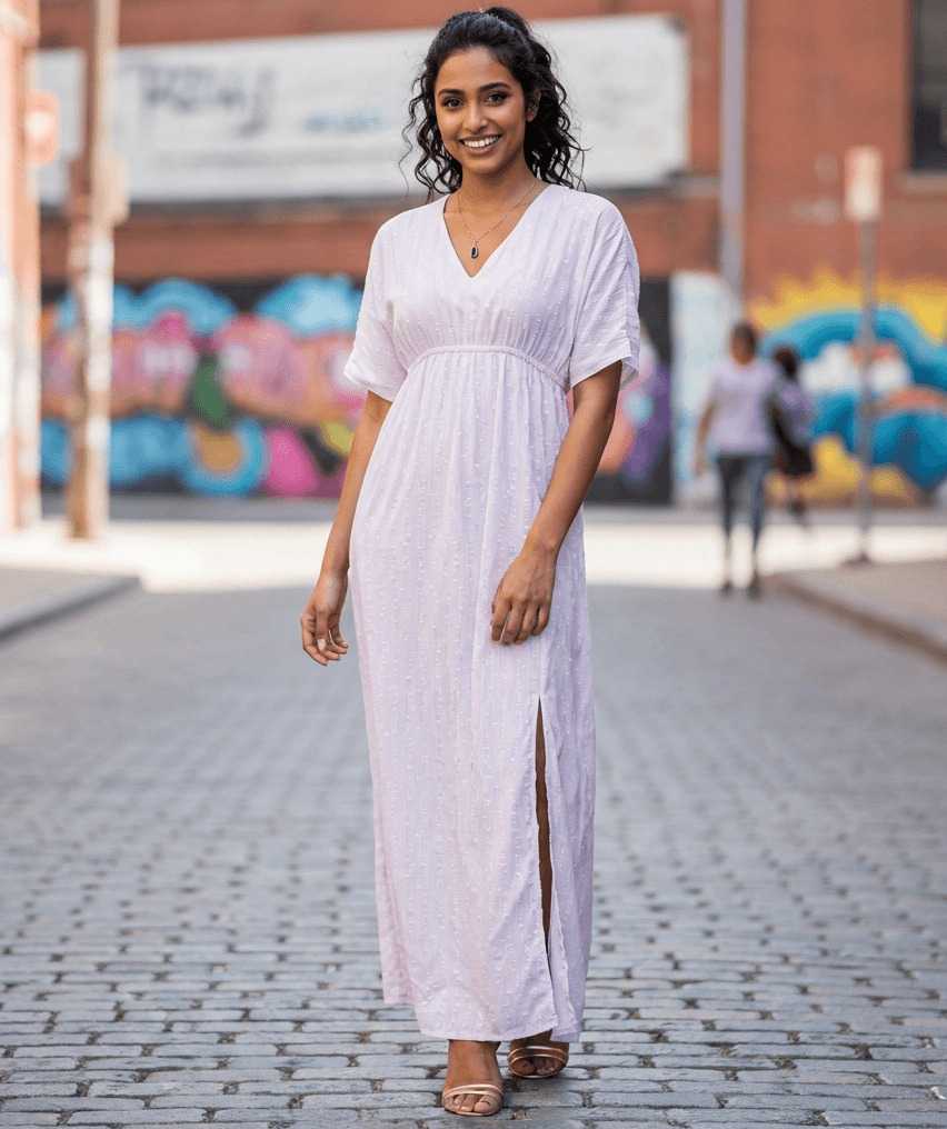 Serene Pink Textured Cotton V-Neck Maxi Dress with Slit — image 2