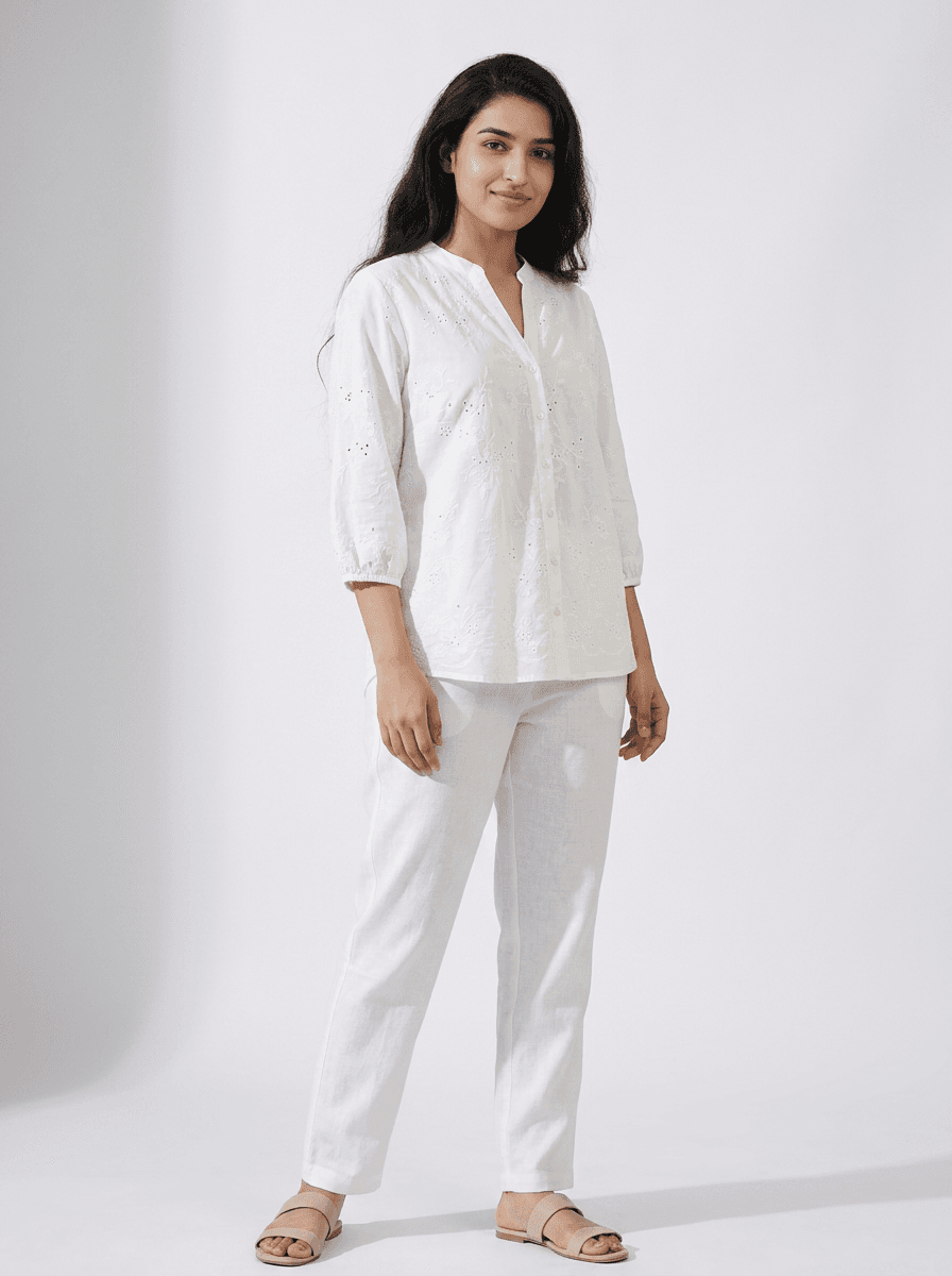 White Embroidered Eyelet Cotton Blouse | Bohemian Button-Down Top