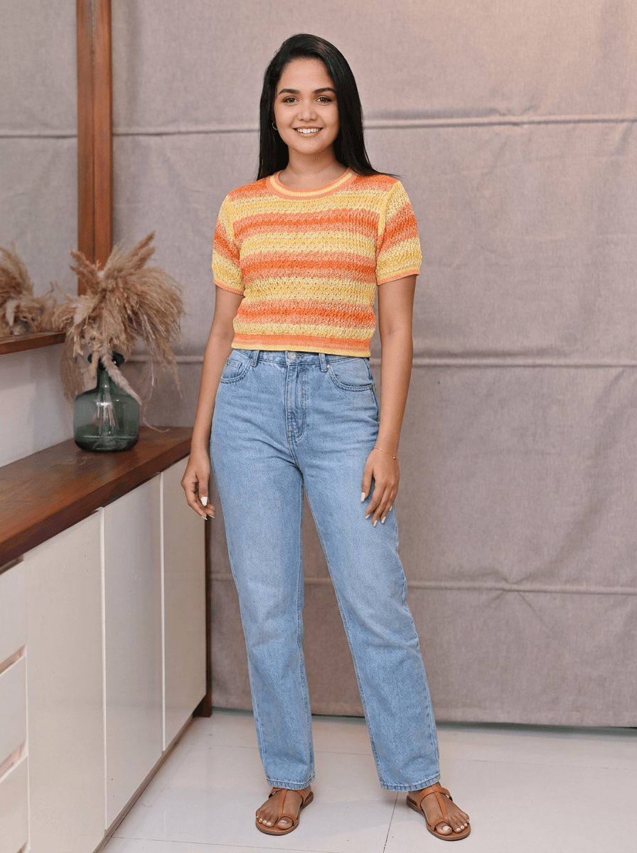 Sunset Striped Knit Crop Top | Short Sleeve Sweater Top — image 2