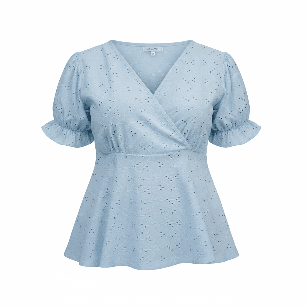 Cutlon Eyelet Peplum Wrap Blouse | Light Blue Puff Sleeve Top — image 2