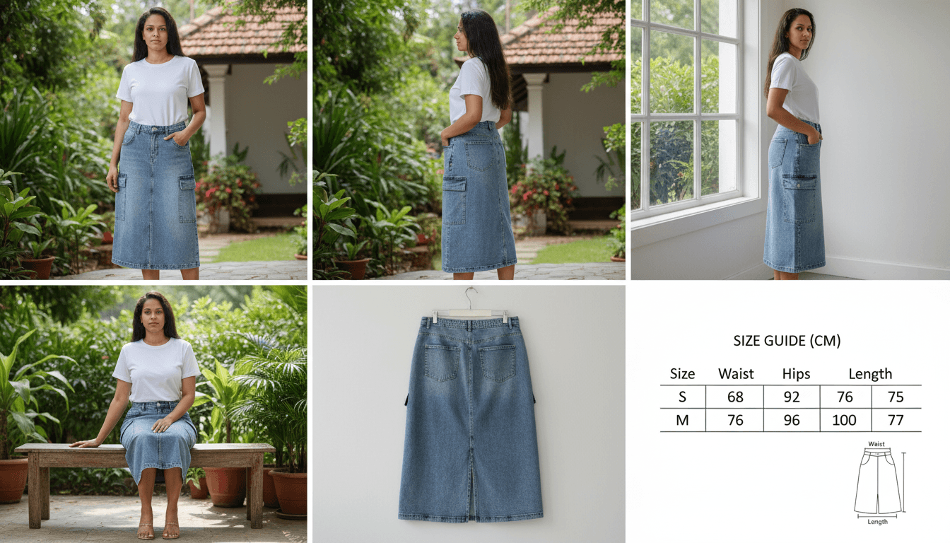 Women's Vintage Wash Long Denim Cargo Skirt | Utility Midi Skirt — image 2