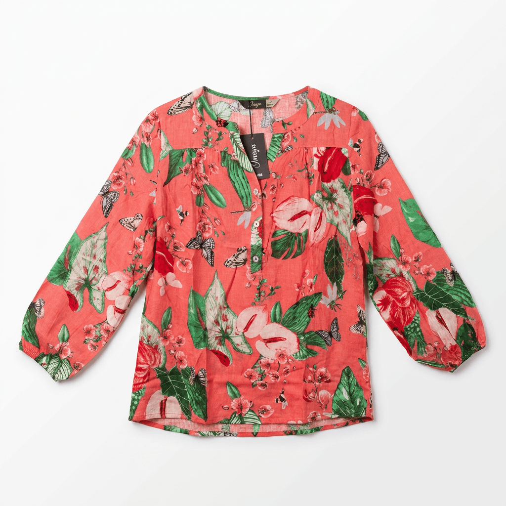 Tropical Floral & Butterfly Print Blouse | 3/4 Sleeve Henley Top — image 2