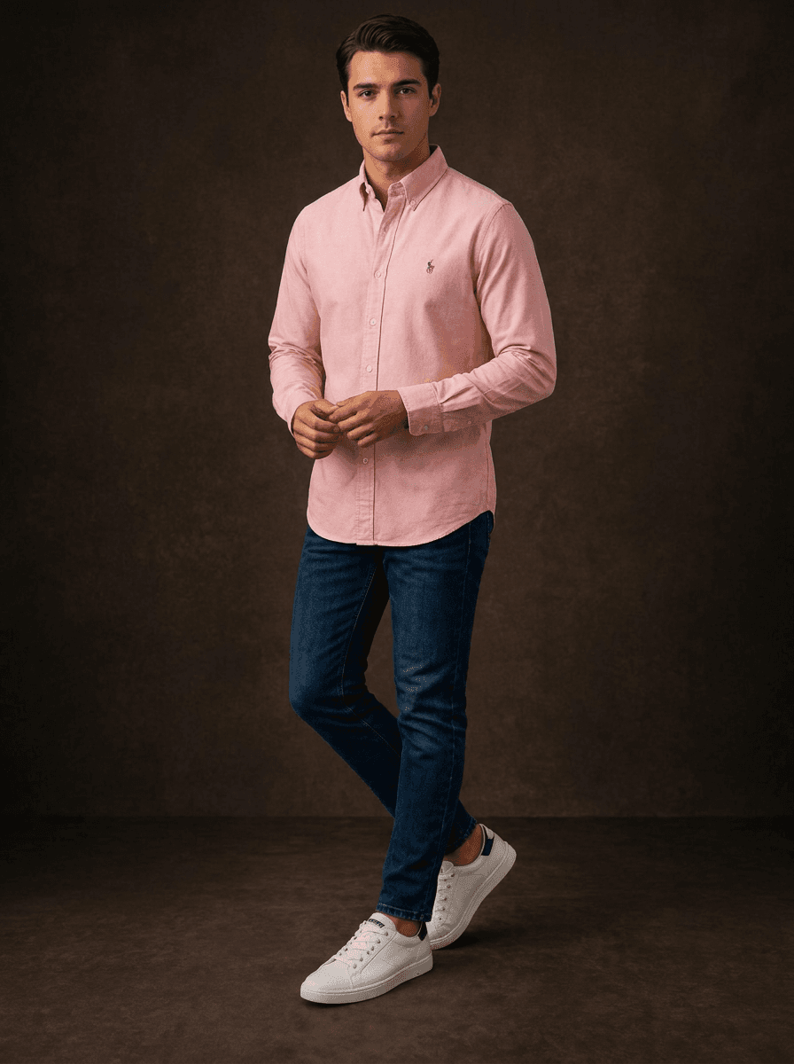 Men's Polo Bear Long Sleeve Oxford Shirt in Heather Pink — image 1