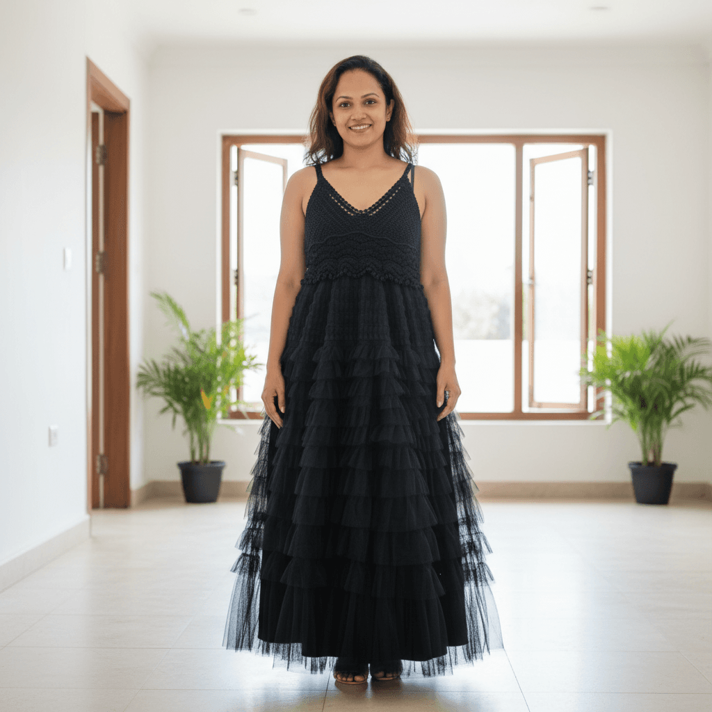 Crochet Bodice Tulle Tiered Maxi Dress - Bohemian Style Free Size — image 2