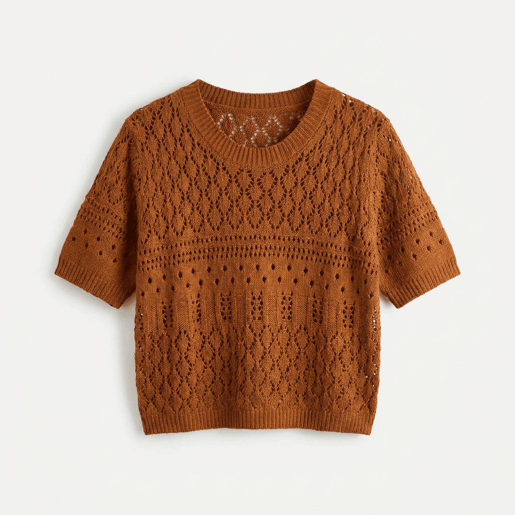 Rust Pointelle Knit Short Sleeve Top | Bohemian Sweater — image 2