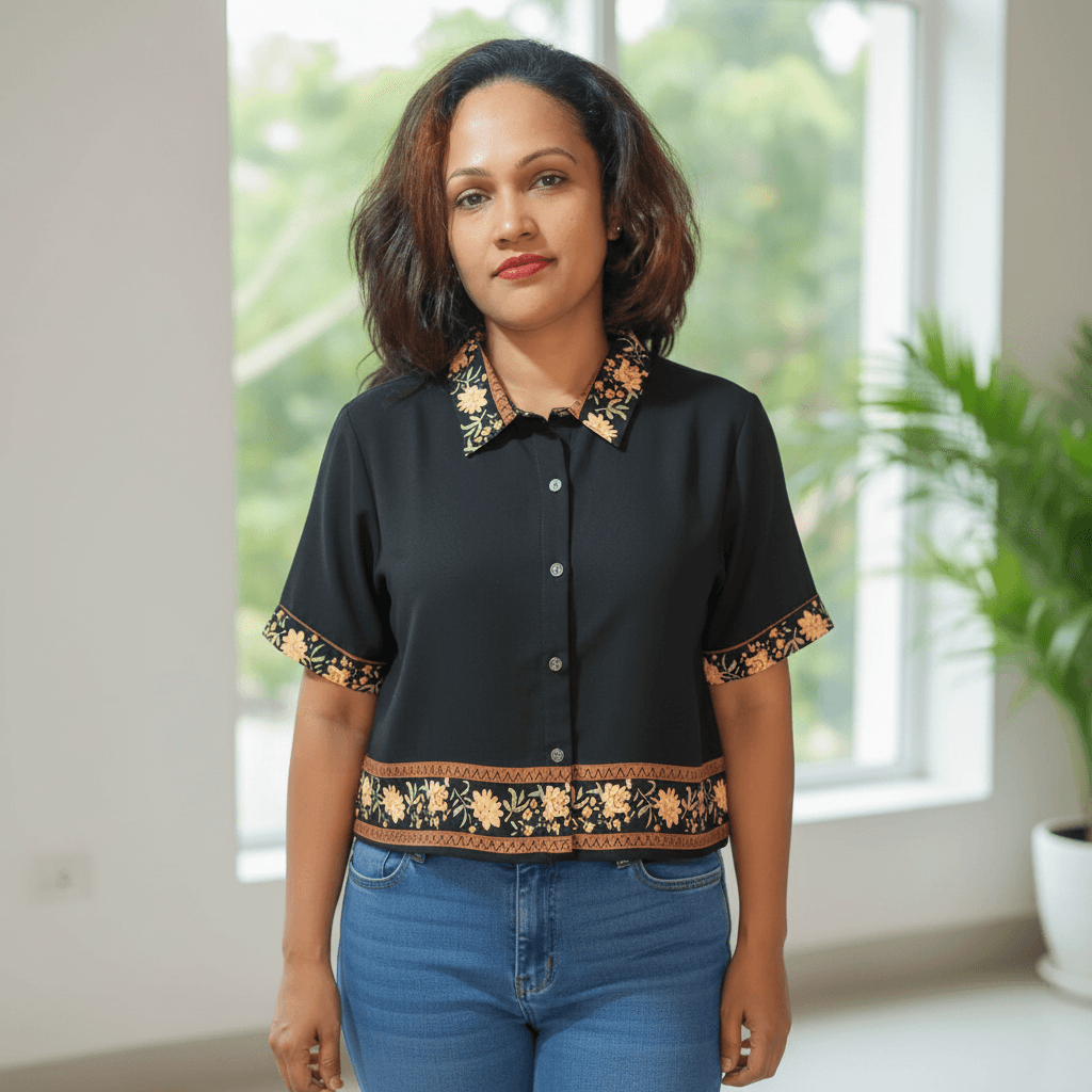 Black Short Sleeve Blouse with Floral Trim | Retro Button-Up — image 2